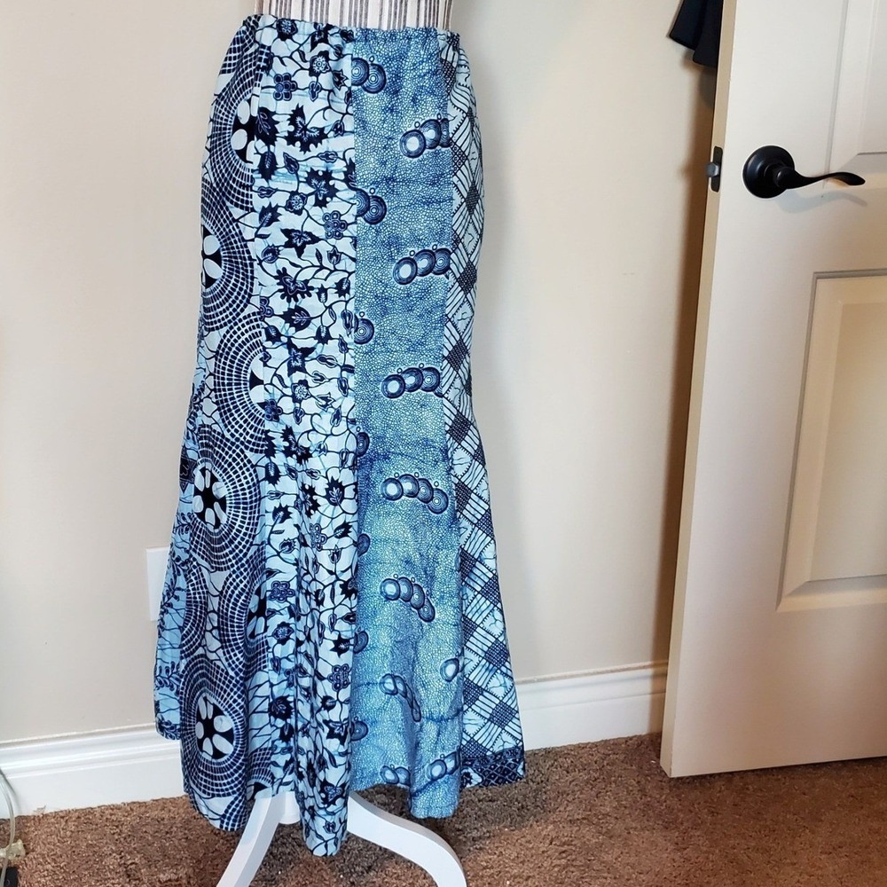 Handmade African Wax Print Batik Maxi Skirt Blue White Cotton Adjustable Waist